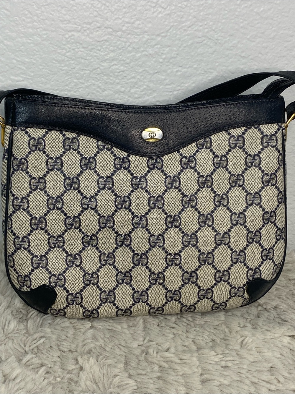 Gucci Beige GG Monogram Shoulder Bag with Navy Blue Trim